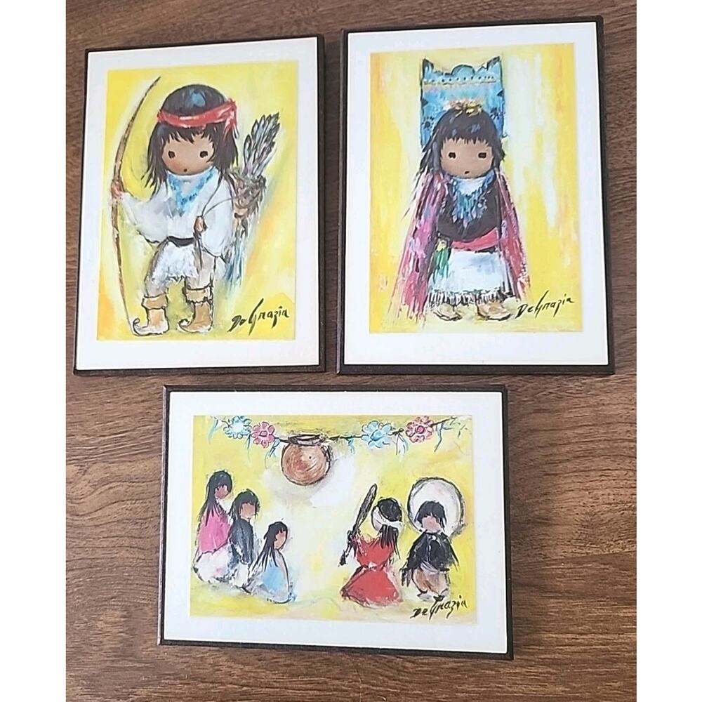 Vintage Ted DeGrazia Laminated Print Wood Plaques 3 Piece Set Native American